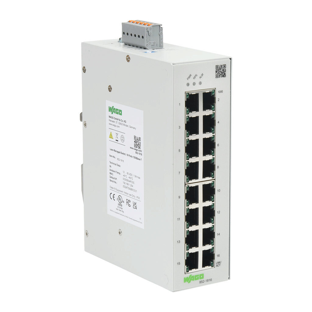 852-1816 - WAGO industrial lean managed Ethernet switch, 16 ports, (16) Ethernet Gigabit (RJ45) port(s), Modbus TCP and SNMP, -40 to +60 deg C, metal housing, IP30, 35mm DIN rail mount.