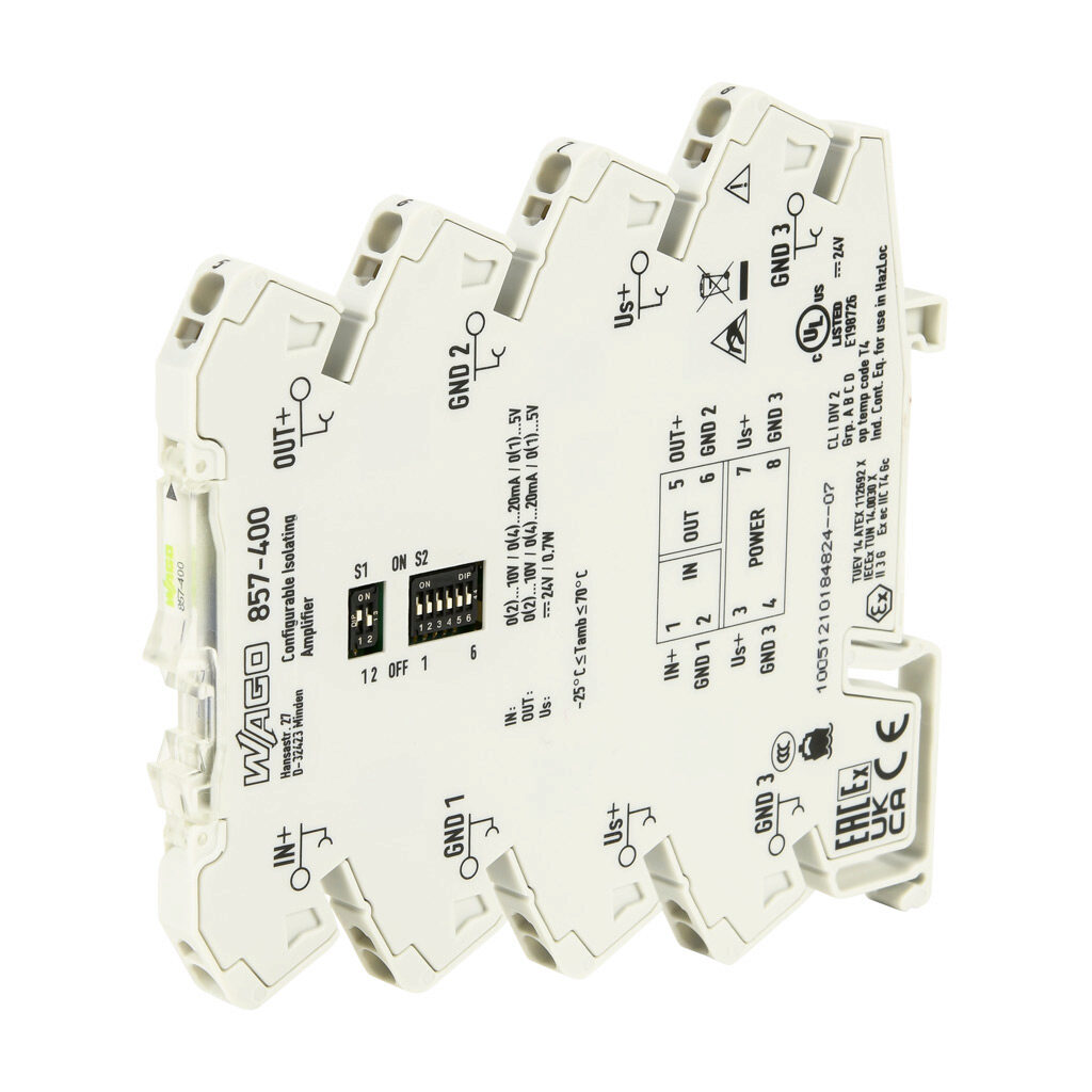 857-400 - WAGO signal conditioner, isolated, Input: 1-channel, current/voltage, Output: 1-channel, current/voltage, 24 VDC operating voltage, 35mm DIN rail mount.