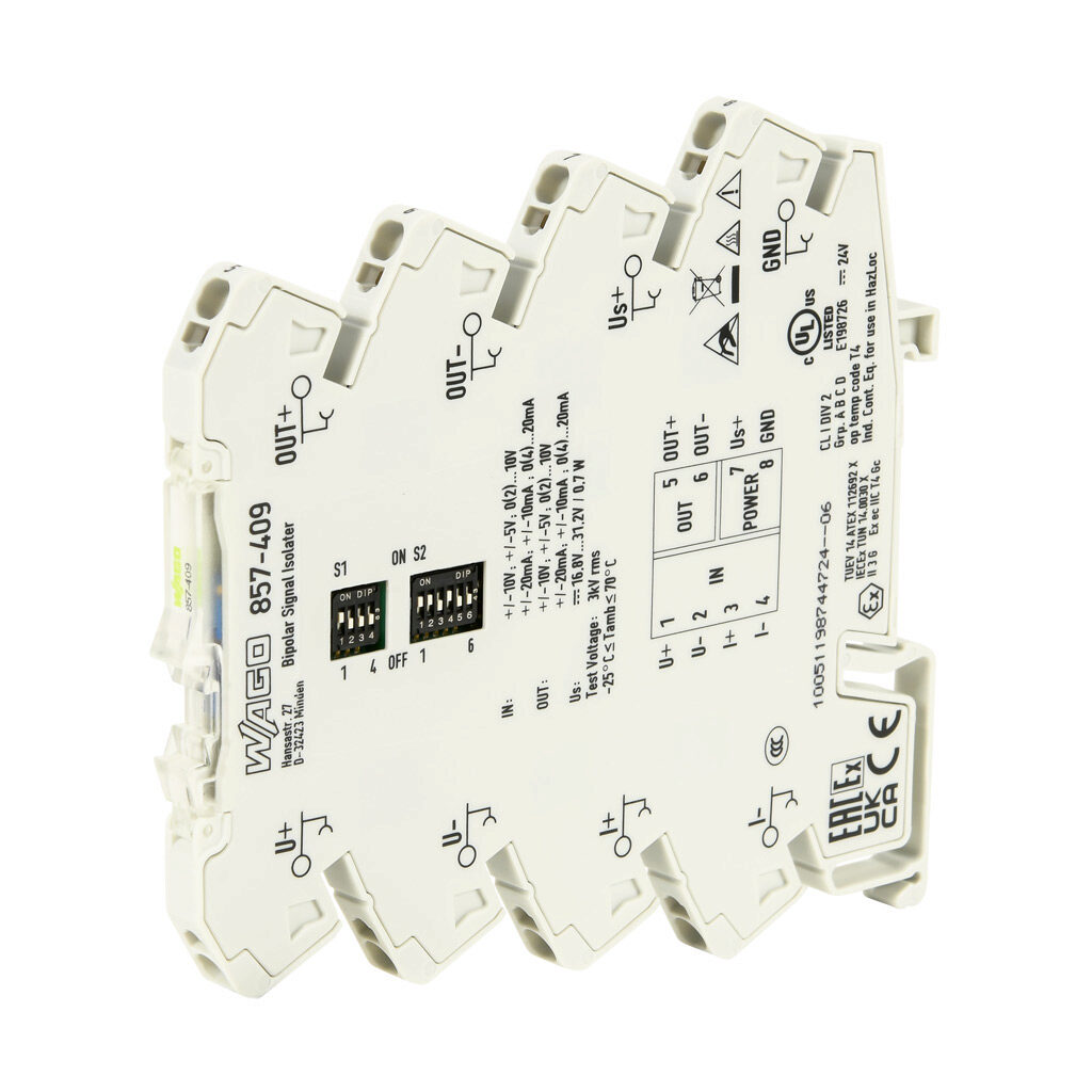 857-409 - WAGO signal conditioner, isolated, Input: 1-channel, unipolar or bipolar current/voltage, Output: 1-channel, unipolar or bipolar current/voltage, 24 VDC operating voltage, 35mm DIN rail mount.