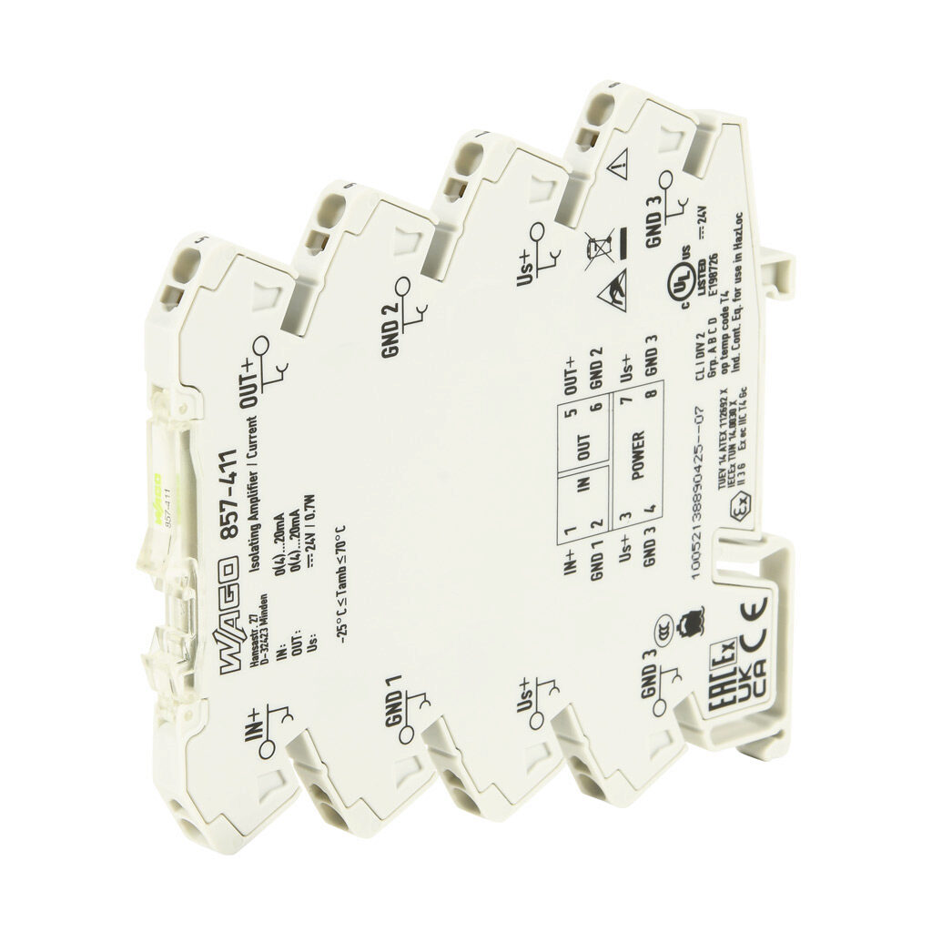 857-411 - WAGO signal conditioner, isolated, Input: 1-channel, current, Output: 1-channel, current, 24 VDC operating voltage, 35mm DIN rail mount.