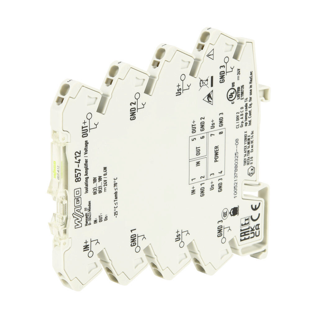 857-412 - WAGO signal conditioner, isolated, Input: 1-channel, voltage, Output: 1-channel, voltage, 24 VDC operating voltage, 35mm DIN rail mount.
