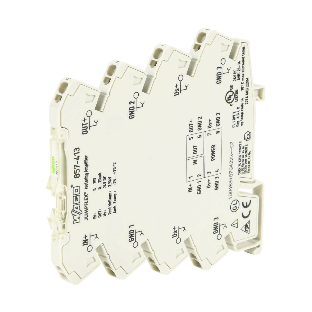 857-413 - WAGO signal conditioner, isolated, Input: 1-channel, voltage, 0-10 VDC, Output: 1-channel, current, 0-20 mA, 24 VDC operating voltage, 35mm DIN rail mount.
