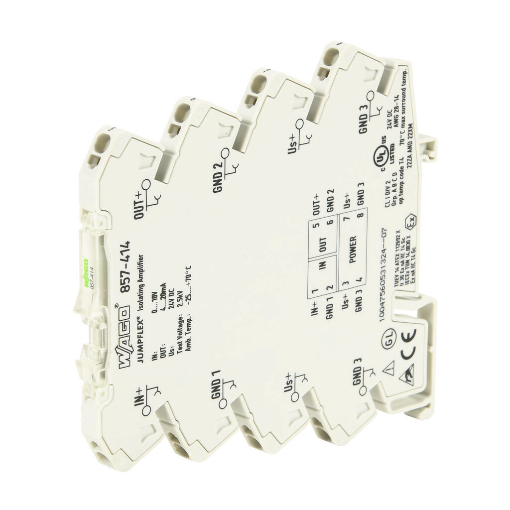 857-414 - WAGO signal conditioner, isolated, Input: 1-channel, voltage, 0-10 VDC, Output: 1-channel, current, 4-20 mA, 24 VDC operating voltage, 35mm DIN rail mount.