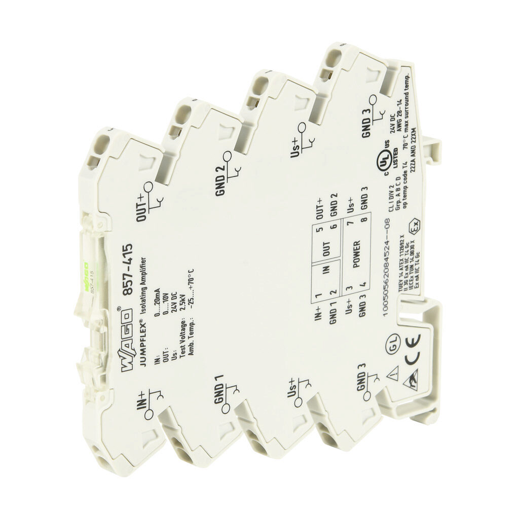 857-415 - WAGO signal conditioner, isolated, Input: 1-channel, current, 0-20 mA, Output: 1-channel, voltage, 0-10 VDC, 24 VDC operating voltage, 35mm DIN rail mount.