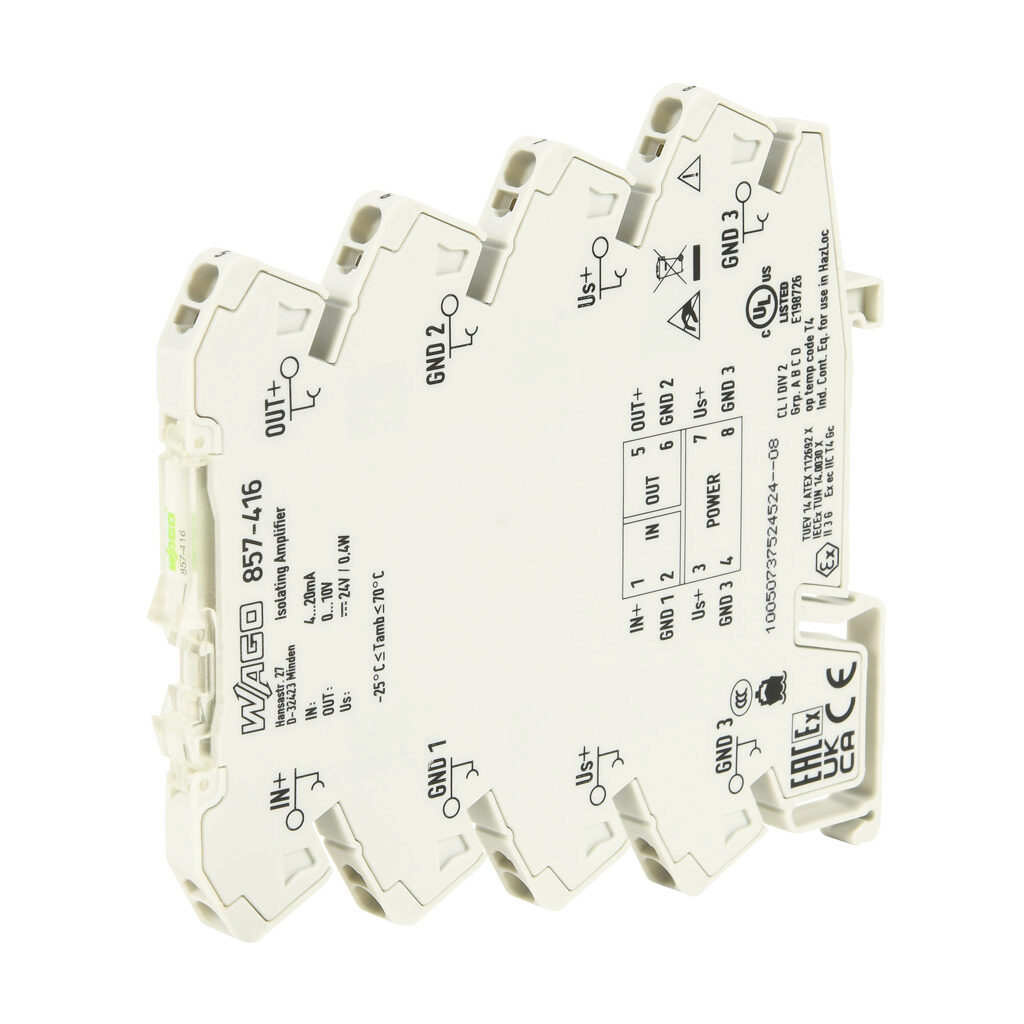 857-416 - WAGO signal conditioner, isolated, Input: 1-channel, current, 4-20 mA, Output: 1-channel, voltage, 0-10 VDC, 24 VDC operating voltage, 35mm DIN rail mount.