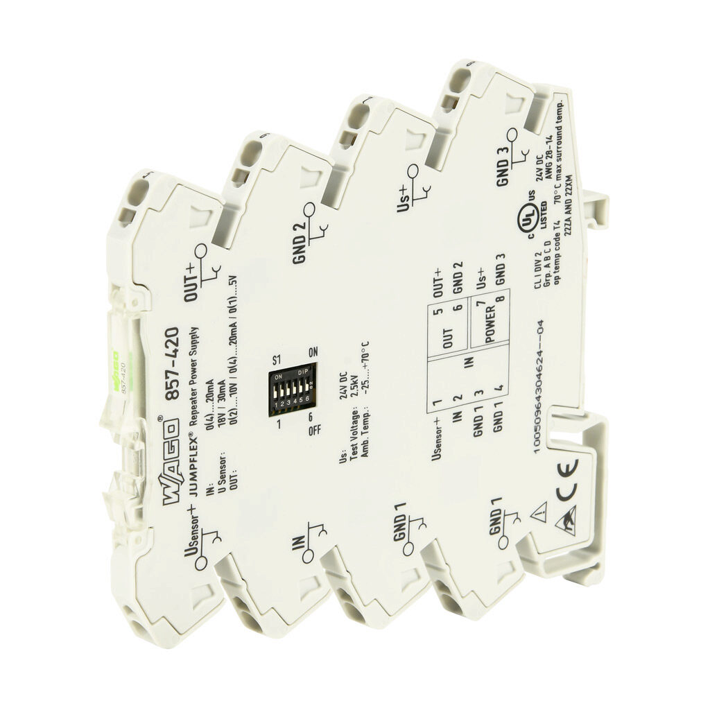 857-420 - WAGO signal conditioner, isolated, Input: 1-channel, current, Output: 1-channel, current/voltage, 24 VDC operating voltage, 35mm DIN rail mount.