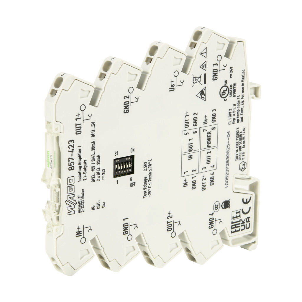 857-423 - WAGO signal conditioner, isolated, Input: 1-channel, current/voltage, Output: 2-channel, current, 24 VDC operating voltage, 35mm DIN rail mount.