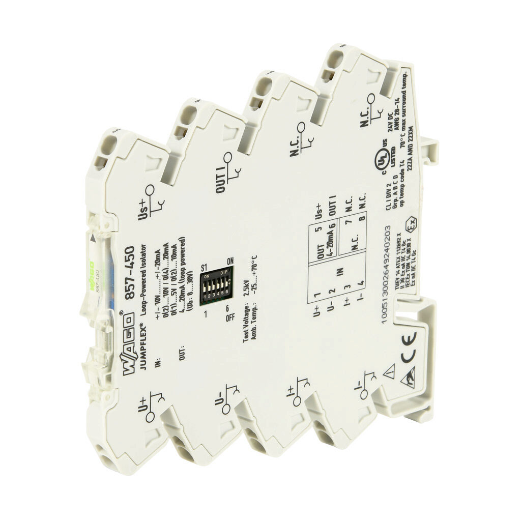 857-450 - WAGO signal conditioner, isolated, Input: 1-channel, unipolar or bipolar current/voltage, Output: 1-channel, loop powered current, 8-30 VDC operating voltage, 35mm DIN rail mount.