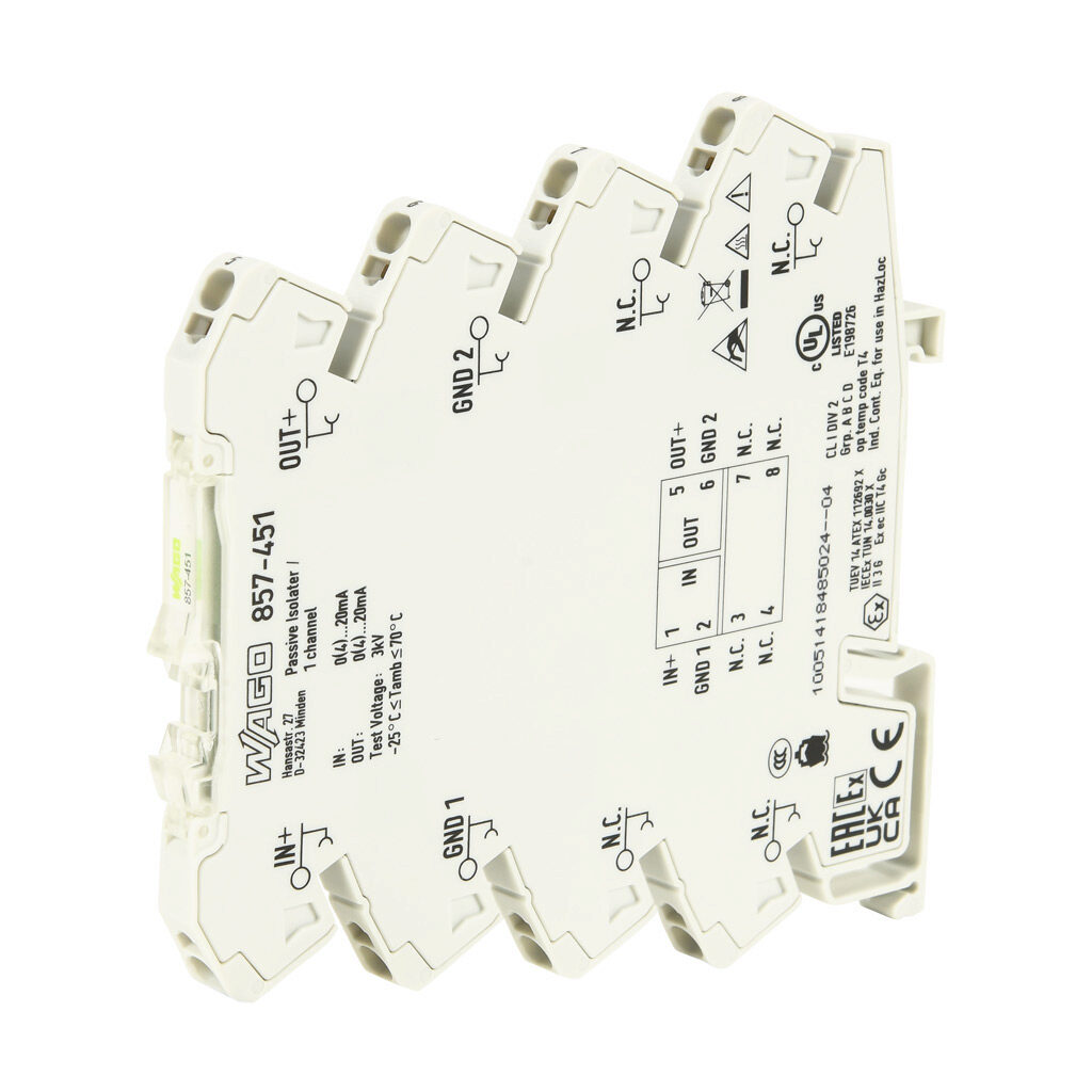 857-451 - WAGO signal conditioner, isolated, Input: 1-channel, loop powered current, Output: 1-channel, current, 35mm DIN rail mount.
