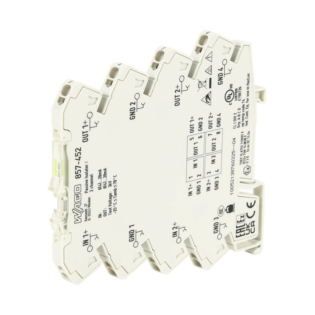 857-452 - WAGO signal conditioner, isolated, Input: 2-channel, loop powered current, Output: 2-channel, current, 35mm DIN rail mount.