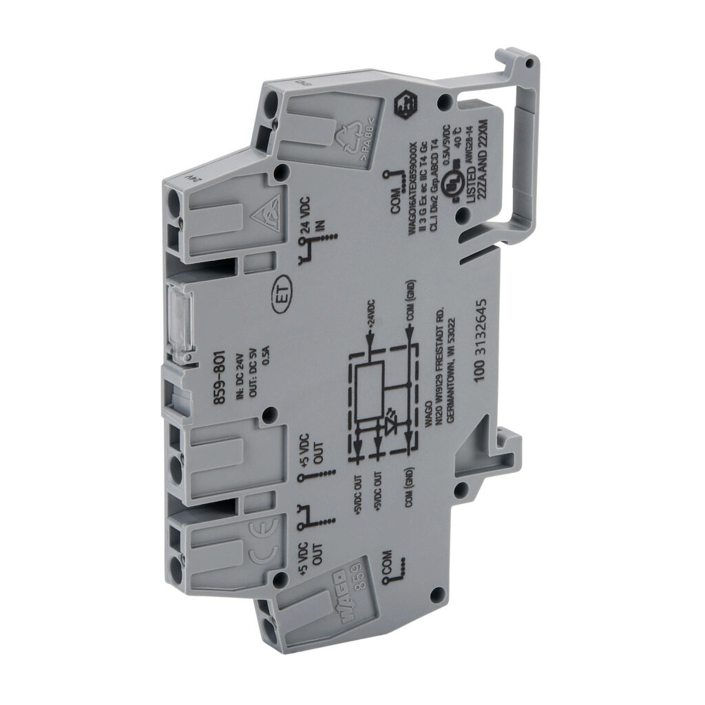 859-801 - WAGO DC to DC converter, 10-30 VDC input, 5 VDC output, 0.5A, 2.5W, plastic housing, 35mm DIN rail mount, cage clamp.