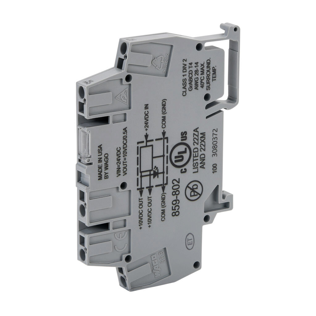 859-802 - WAGO DC to DC converter, 10-30 VDC input, 10 VDC output, 0.5A, 5W, plastic housing, 35mm DIN rail mount, cage clamp.