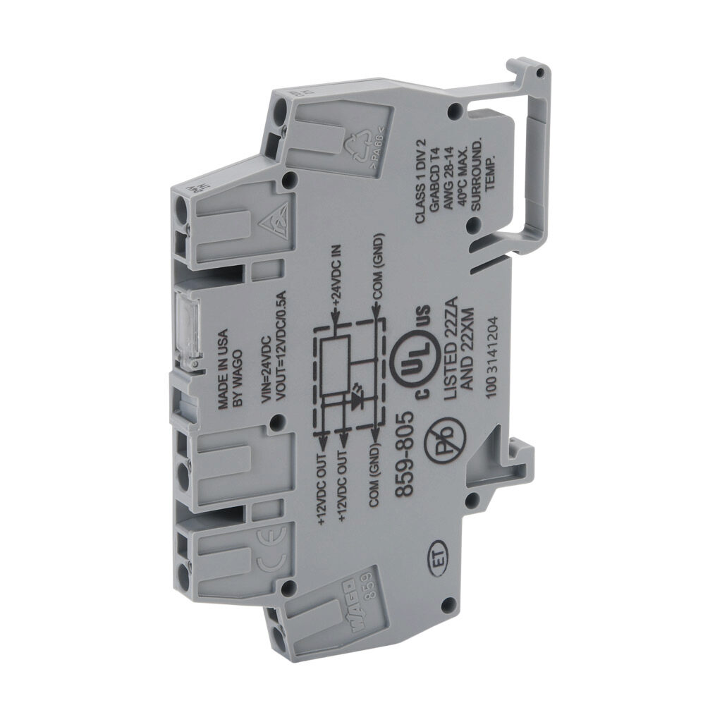 859-805 - WAGO DC to DC converter, 10-30 VDC input, 12 VDC output, 0.5A, 6W, plastic housing, 35mm DIN rail mount, cage clamp.