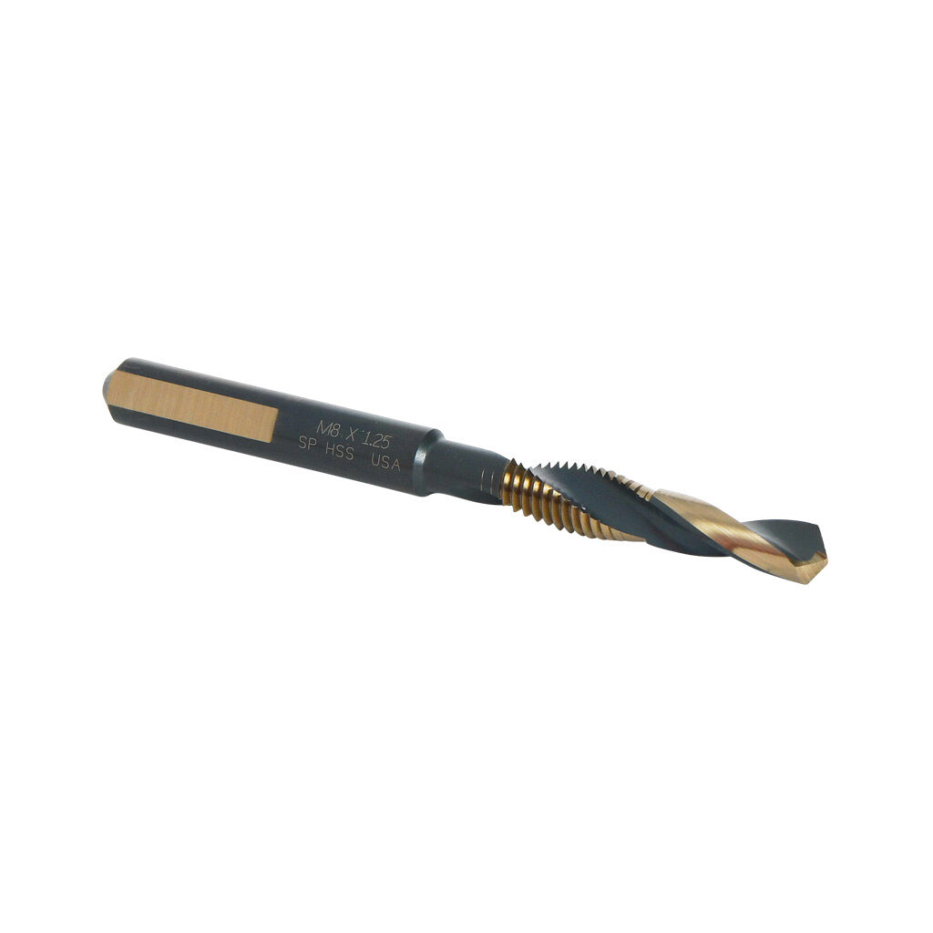 85971 - Viking combination drill bit and machine tap, M8 X 1.25 UNC, high-speed steel (HSS), gold oxide finish.