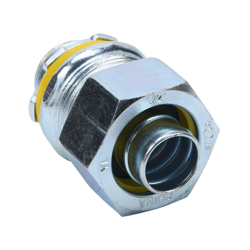 86205B - Halex fitting, liquid-tight, malleable iron, straight, 1/2in trade size, compression conduit connection, insulated, zinc electro-plated finish. Package of 25. For use with LFMC and NM-Type B electrical conduit. Sealing washer and locknut ...