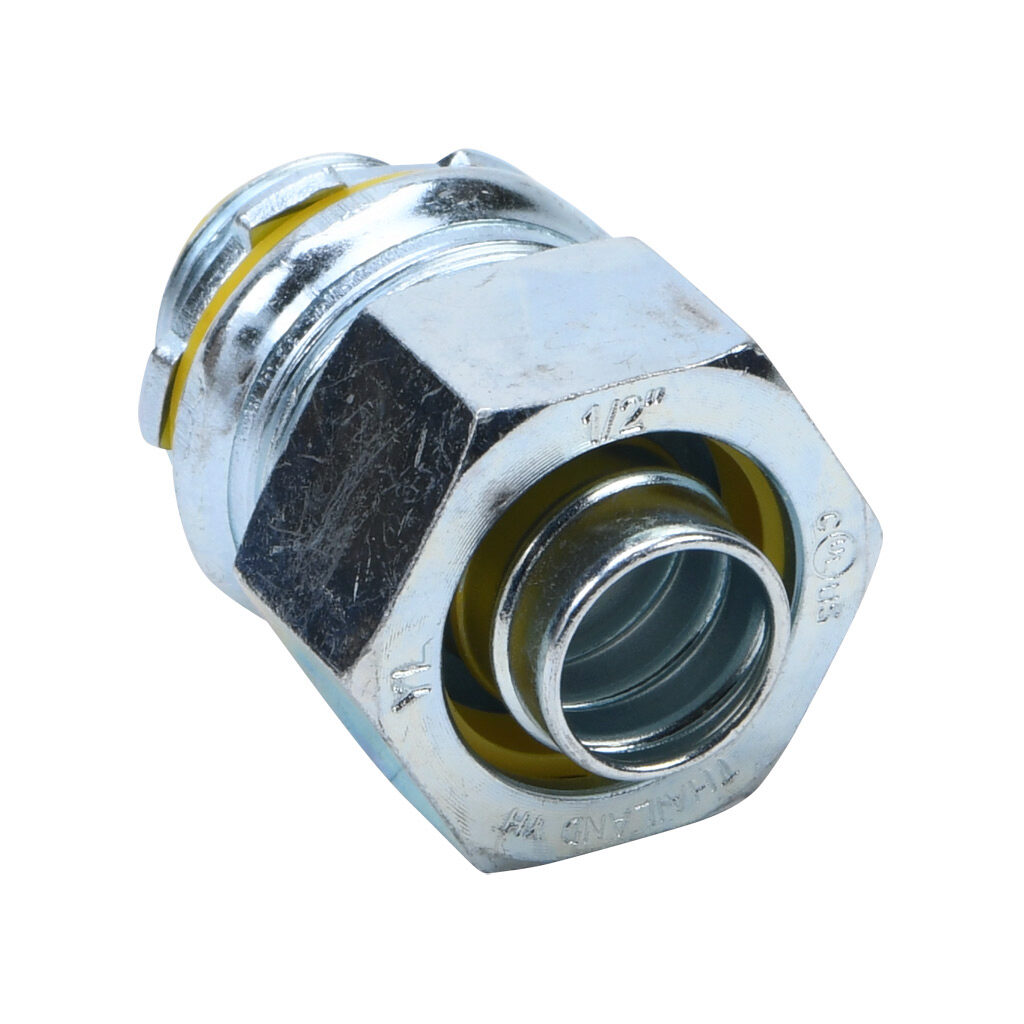 86206 - Halex fitting, liquid-tight, malleable iron, straight, 1/2in trade size, compression conduit connection, insulated, zinc electro-plated finish. Package of 5. For use with LFMC and NM-Type B electrical conduit. Sealing washer and locknut in...
