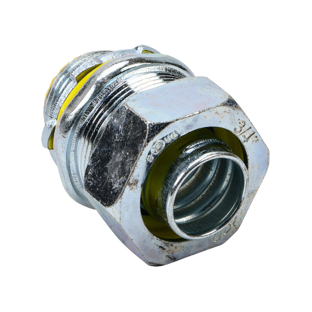 86207B - Halex fitting, liquid-tight, malleable iron, straight, 3/4in trade size, compression conduit connection, insulated, zinc electro-plated finish. Package of 10. For use with LFMC and NM-Type B electrical conduit. Sealing washer and locknut ...