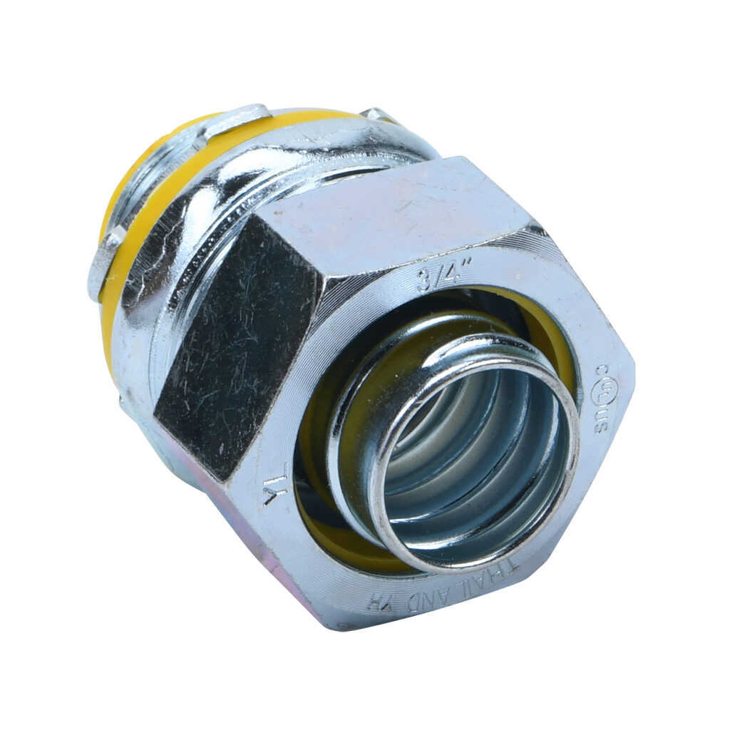 86208 - Halex fitting, liquid-tight, malleable iron, straight, 3/4in trade size, compression conduit connection, insulated, zinc electro-plated finish. Package of 5. For use with LFMC and NM-Type B electrical conduit. Sealing washer and locknut in...