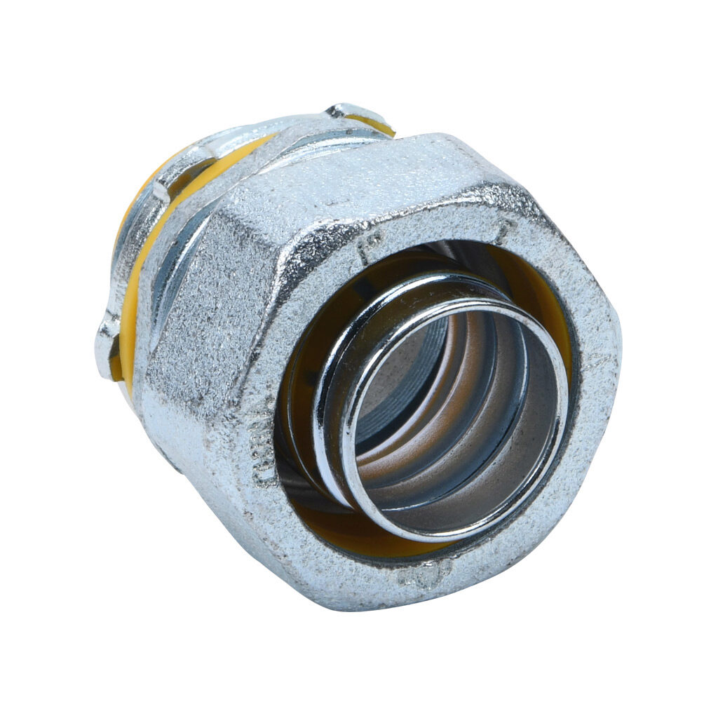 86210 - Halex fitting, liquid-tight, malleable iron, straight, 1in trade size, compression conduit connection, insulated, zinc electro-plated finish. Package of 2. For use with LFMC and NM-Type B electrical conduit. Sealing washer and locknut incl...