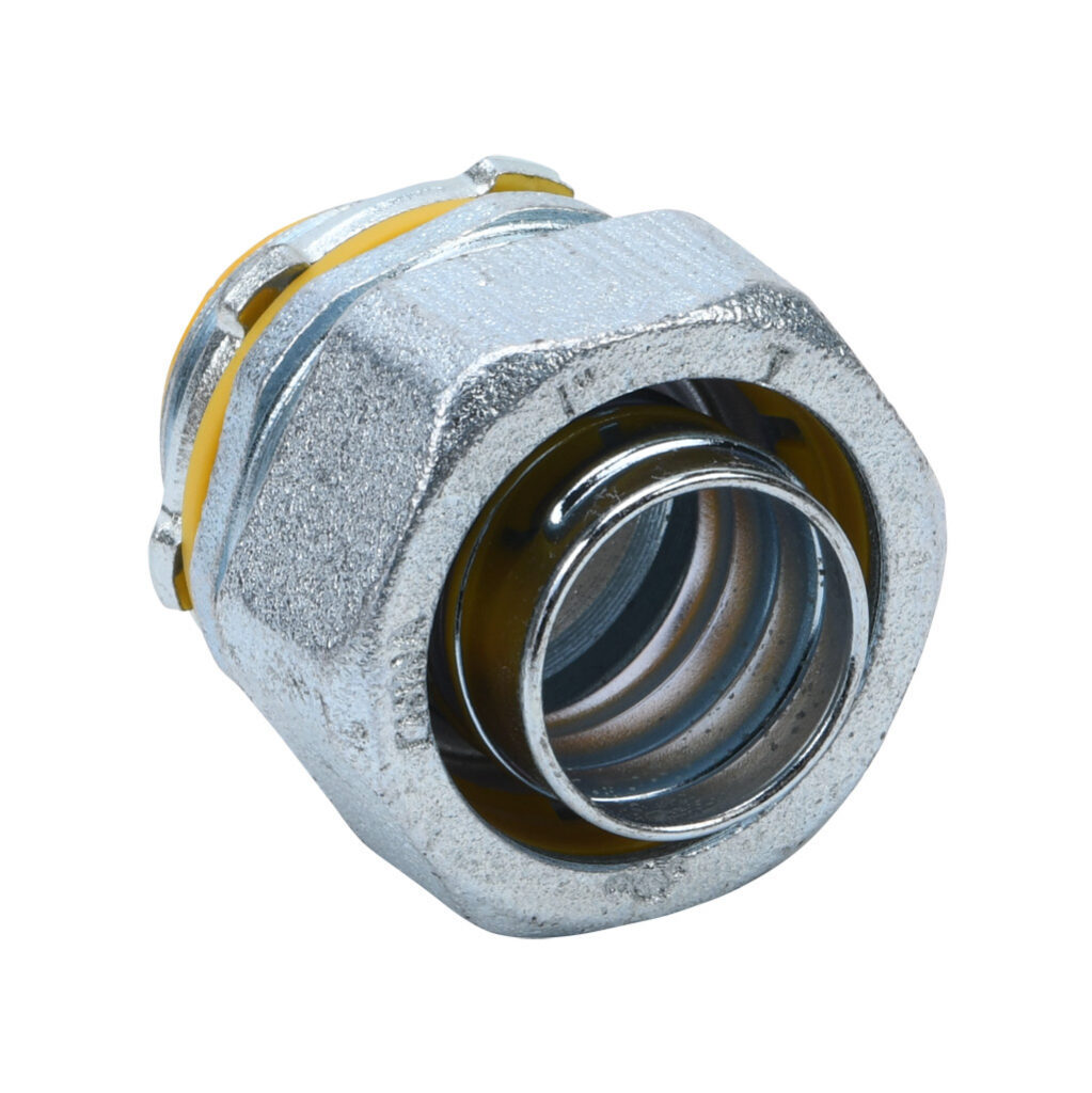 86210B - Halex fitting, liquid-tight, malleable iron, straight, 1in trade size, compression conduit connection, insulated, zinc electro-plated finish. Package of 5. For use with LFMC and NM-Type B electrical conduit. Sealing washer and locknut inc...