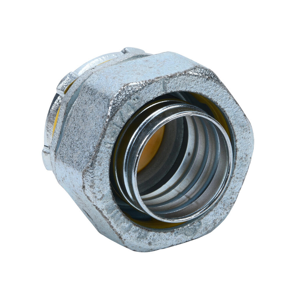 86212B - Halex fitting, liquid-tight, malleable iron, straight, 1-1/4in trade size, compression conduit connection, insulated, zinc electro-plated finish. Package of 5. For use with LFMC and NM-Type B electrical conduit. Sealing washer and locknut...