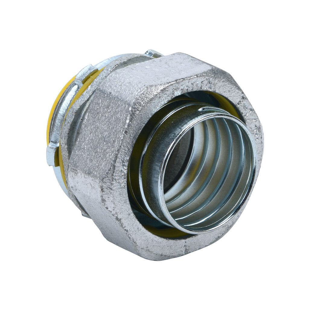 86215B - Halex fitting, liquid-tight, malleable iron, straight, 1-1/2in trade size, compression conduit connection, insulated, zinc electro-plated finish. Package of 2. For use with LFMC and NM-Type B electrical conduit. Sealing washer and locknut...