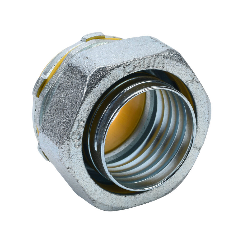 86220B - Halex fitting, liquid-tight, malleable iron, straight, 2in trade size, compression conduit connection, insulated, zinc electro-plated finish. Package of 2. For use with LFMC and NM-Type B electrical conduit. Sealing washer and locknut inc...