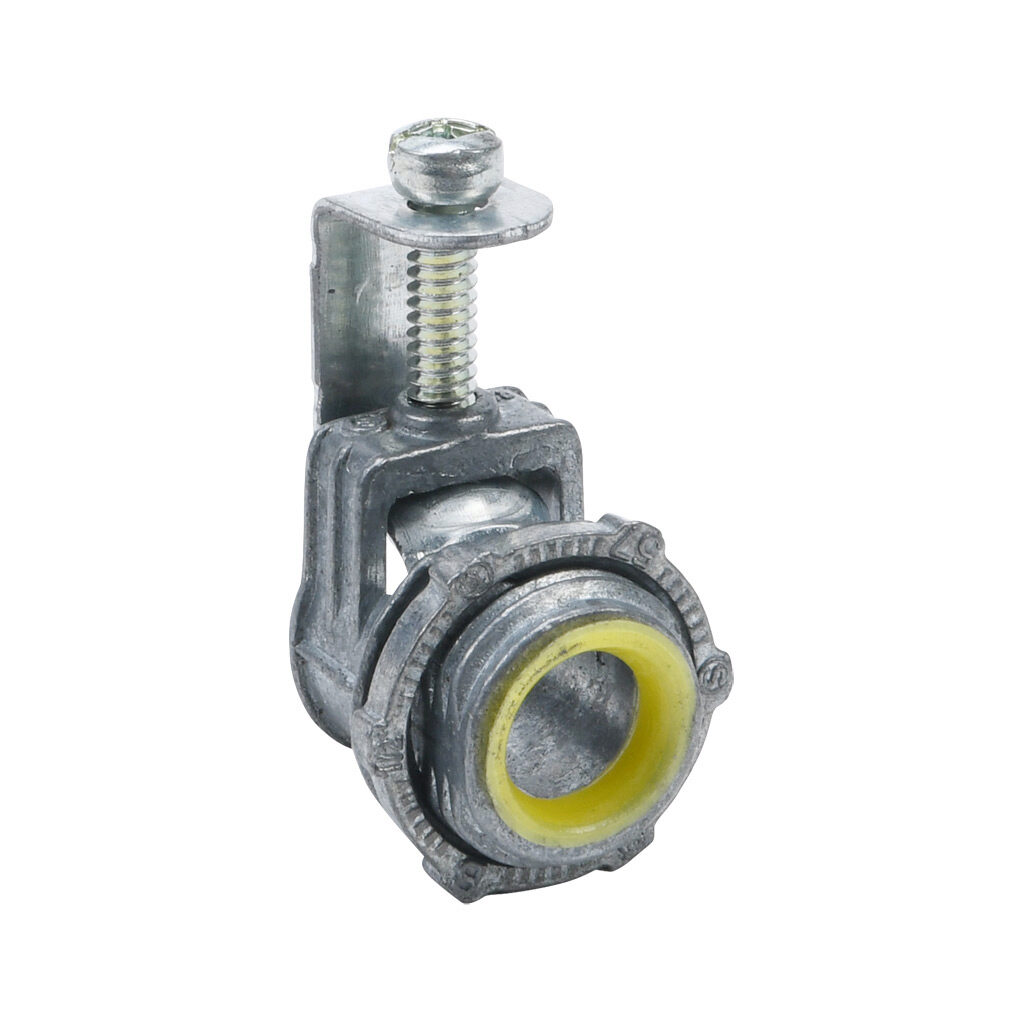 86703B - Halex fitting, zinc die cast, straight, 3/8in trade size, saddle conduit connection, insulated. Package of 50. For use with flexible metal conduit (FMC), AC cable (BX), MC cable, (NM-B) cable. Screws and locknut included.