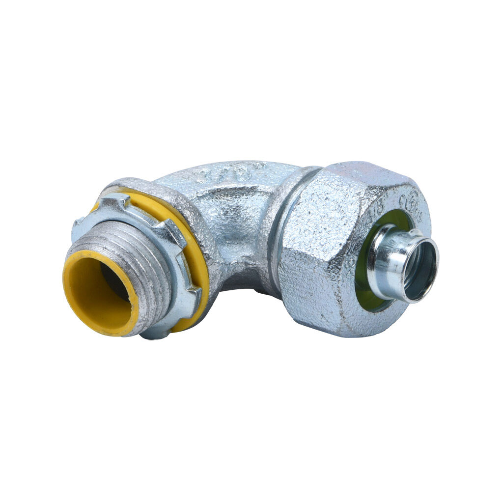 86903B - Halex fitting, liquid-tight, malleable iron, 90-degree, 3/8in trade size, compression conduit connection, insulated, zinc electro-plated finish. Package of 10. For use with LFMC and NM-Type B electrical conduit. Sealing washer and locknut...
