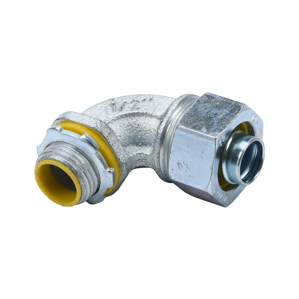 86905B - Halex fitting, liquid-tight, malleable iron, 90-degree, 1/2in trade size, compression conduit connection, insulated, zinc electro-plated finish. Package of 10. For use with LFMC and NM-Type B electrical conduit. Sealing washer and locknut...