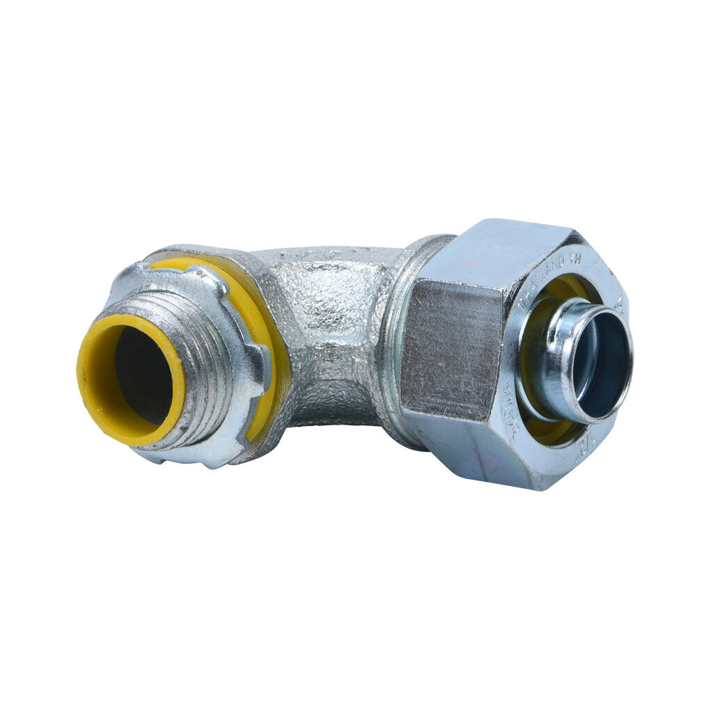 86906 - Halex fitting, liquid-tight, malleable iron, 90-degree, 1/2in trade size, compression conduit connection, insulated, zinc electro-plated finish. Package of 2. For use with LFMC and NM-Type B electrical conduit. Sealing washer and locknut i...