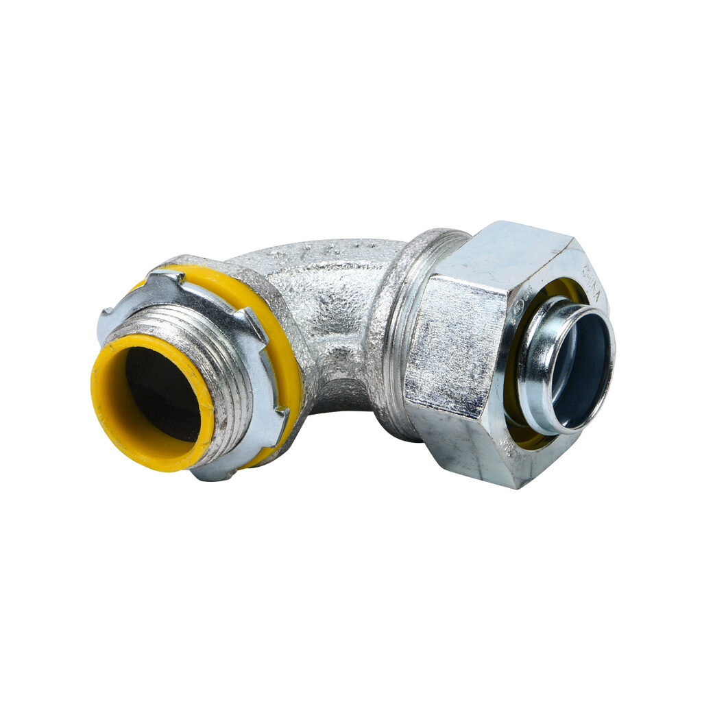 86907B - Halex fitting, liquid-tight, malleable iron, 90-degree, 3/4in trade size, compression conduit connection, insulated, zinc electro-plated finish. Package of 10. For use with LFMC and NM-Type B electrical conduit. Sealing washer and locknut...