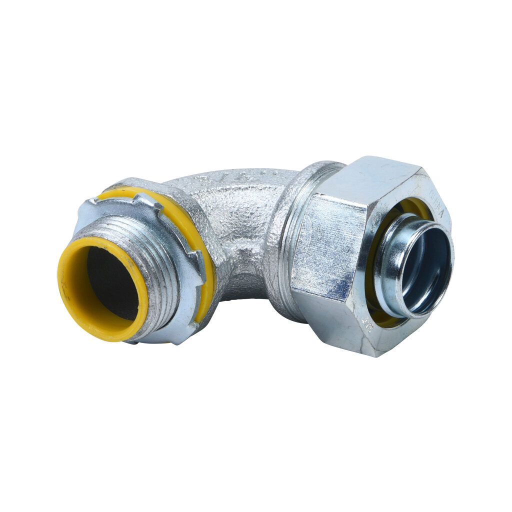 86908 - Halex fitting, liquid-tight, malleable iron, 90-degree, 3/4in trade size, compression conduit connection, insulated, zinc electro-plated finish. Package of 2. For use with LFMC and NM-Type B electrical conduit. Sealing washer and locknut i...