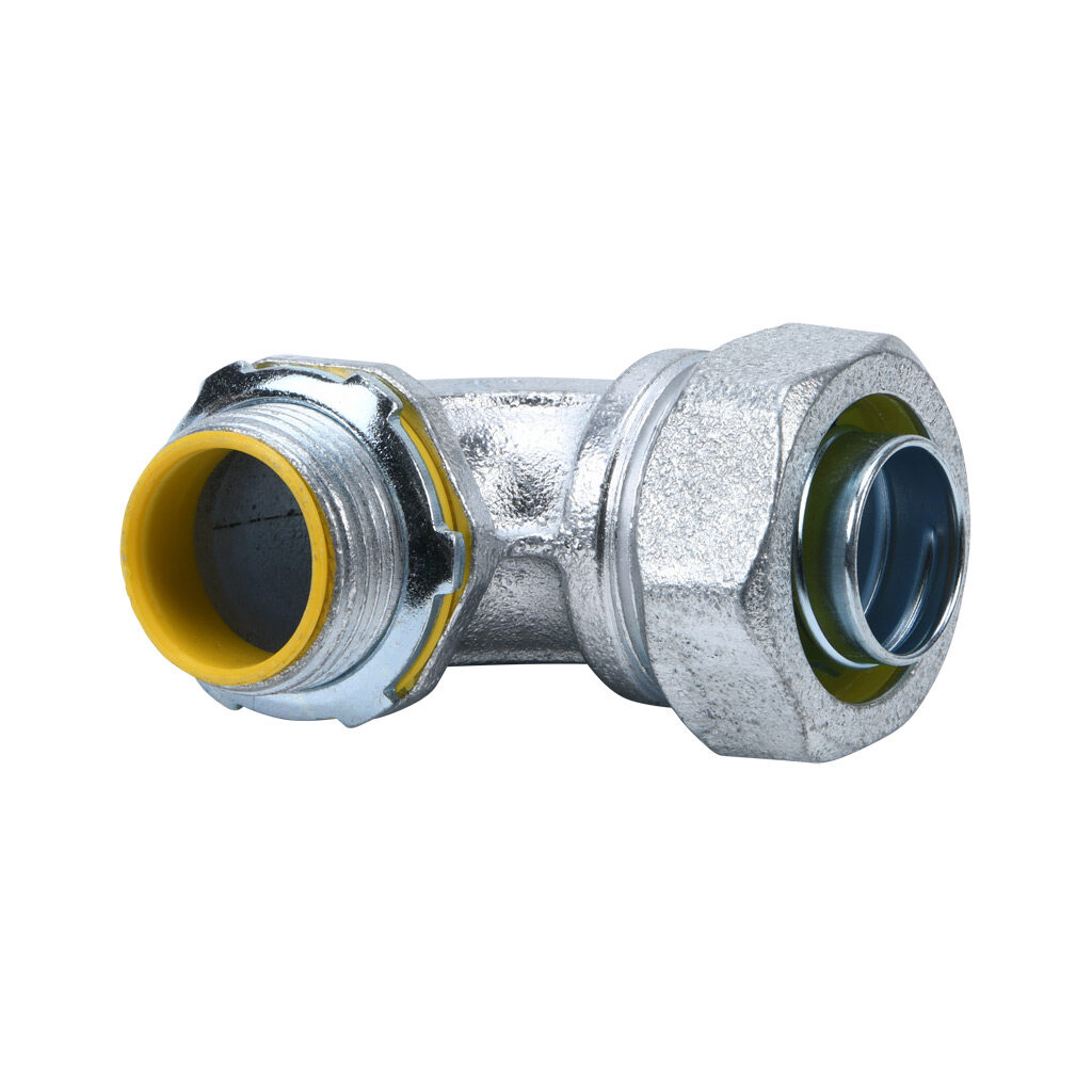 86910 - Halex fitting, liquid-tight, malleable iron, 90-degree, 1in trade size, compression conduit connection, insulated, zinc electro-plated finish. Package of 2. For use with LFMC and NM-Type B electrical conduit. Sealing washer and locknut inc...