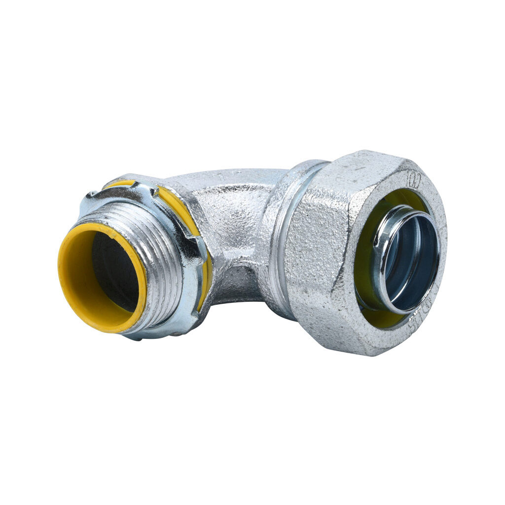 86910B - Halex fitting, liquid-tight, malleable iron, 90-degree, 1in trade size, compression conduit connection, insulated, zinc electro-plated finish. Package of 5. For use with LFMC and NM-Type B electrical conduit. Sealing washer and locknut in...