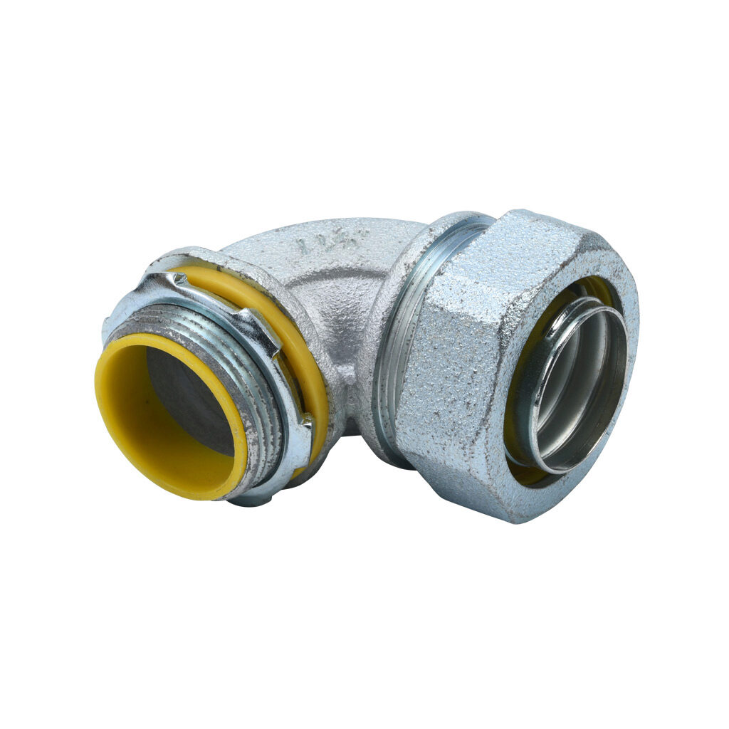 86912B - Halex fitting, liquid-tight, malleable iron, 90-degree, 1-1/4in trade size, compression conduit connection, insulated, zinc electro-plated finish. Package of 5. For use with LFMC and NM-Type B electrical conduit. Sealing washer and locknu...