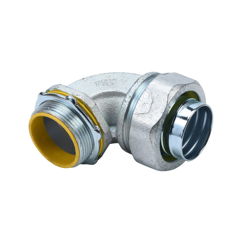 86915B - Halex fitting, liquid-tight, malleable iron, 90-degree, 1-1/2in trade size, compression conduit connection, insulated, zinc electro-plated finish. Package of 2. For use with LFMC and NM-Type B electrical conduit. Sealing washer and locknu...