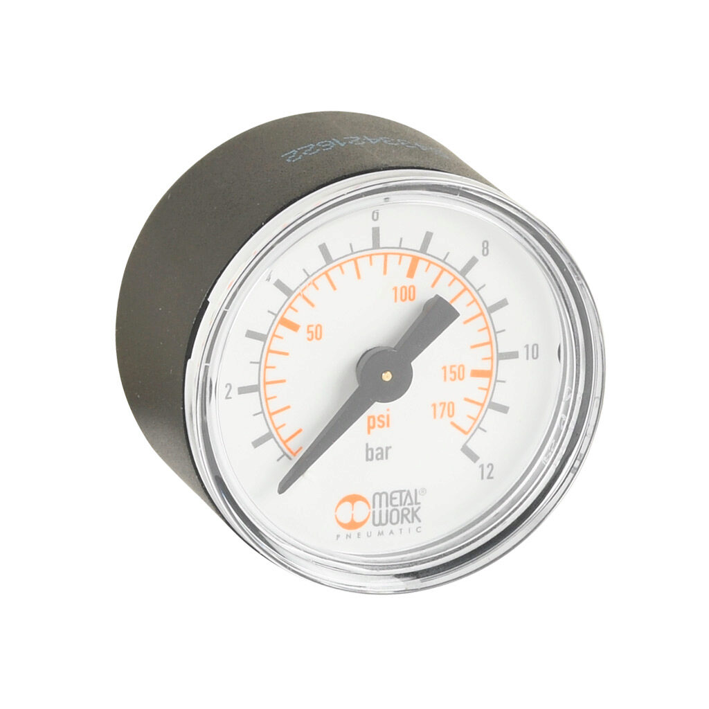 88257F8 - Metal Work pneumatic mechanical pressure gauge, 40mm diameter, 0 to 180 psi, R1/8 male BSPT process connection, center back mount.