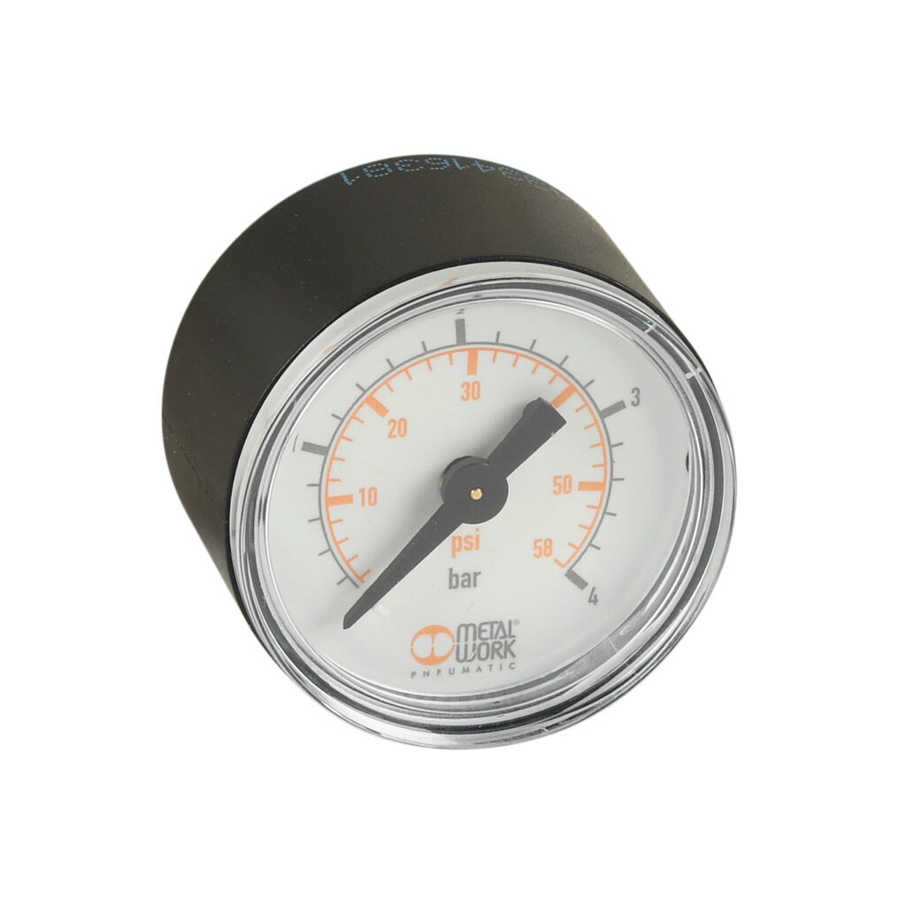 88257F9 - Metal Work pneumatic mechanical pressure gauge, 40mm diameter, 0 to 60 psi, R1/8 male BSPT process connection, center back mount.