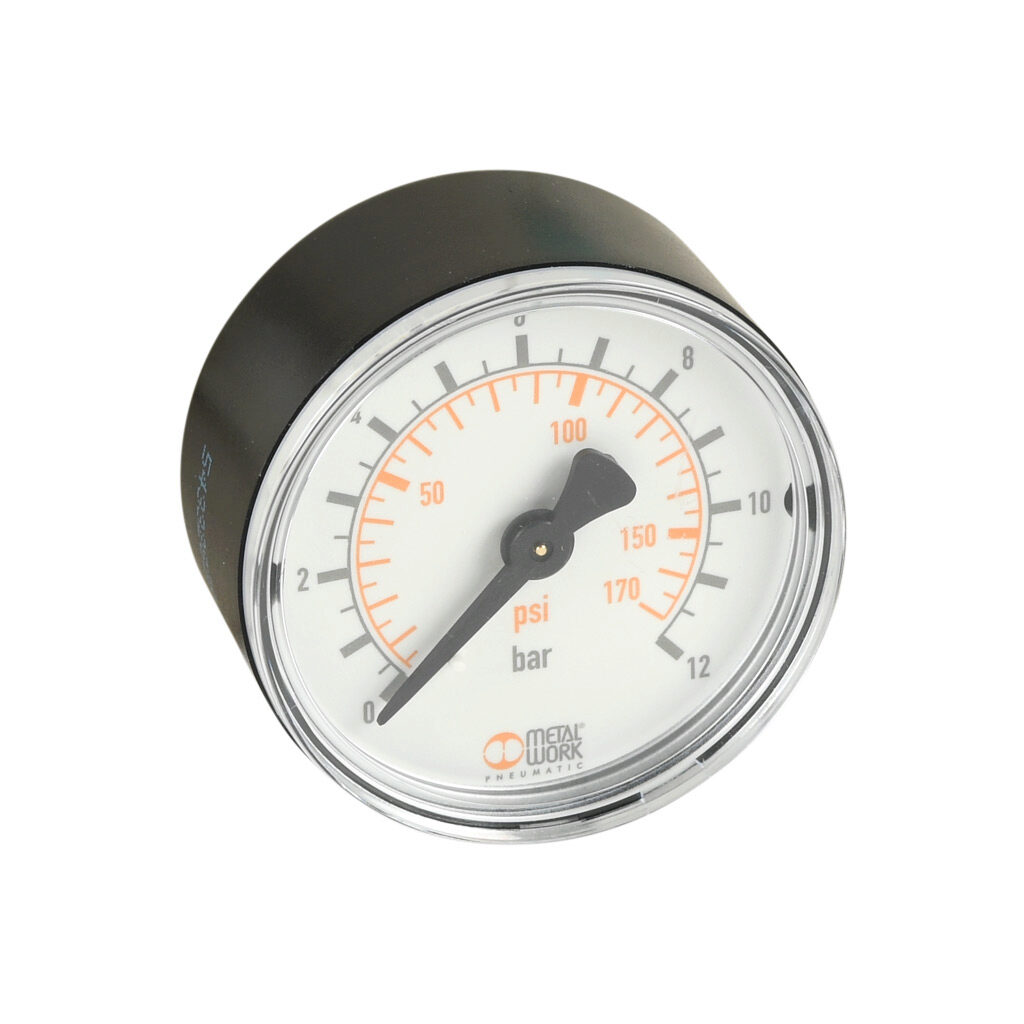 88257G1 - Metal Work pneumatic mechanical pressure gauge, 50mm diameter, 0 to 180 psi, R1/8 male BSPT process connection, center back mount.