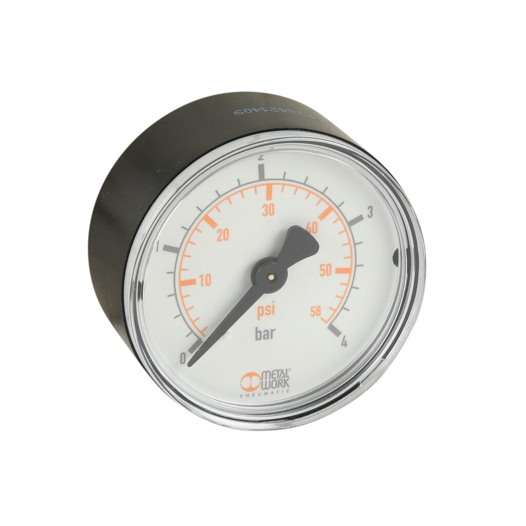 88257G2 - Metal Work pneumatic mechanical pressure gauge, 50mm diameter, 0 to 60 psi, R1/8 male BSPT process connection, center back mount.