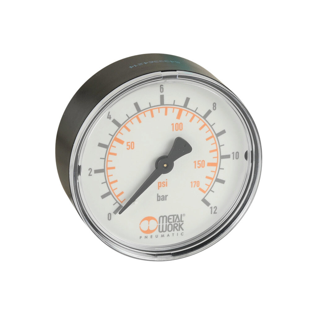 88257G3 - Metal Work pneumatic mechanical pressure gauge, 63mm diameter, 0 to 180 psi, R1/4 male BSPT process connection, center back mount.