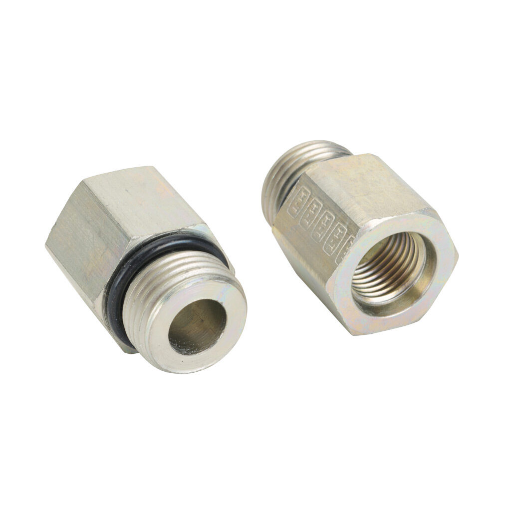 8MB-6FB - HY-TECH hydraulic fluid adapter, straight, plated steel body, (1) -8 male o-ring boss and (1) -6 female o-ring boss. Package of 2.