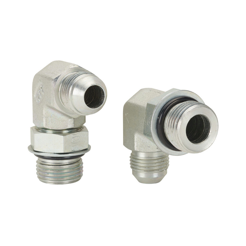 8MJ-10MB90 - HY-TECH hydraulic fluid adapter, elbow, plated steel body, (1) -8 male JIC 37 deg and (1) -10 male o-ring boss. Package of 2.