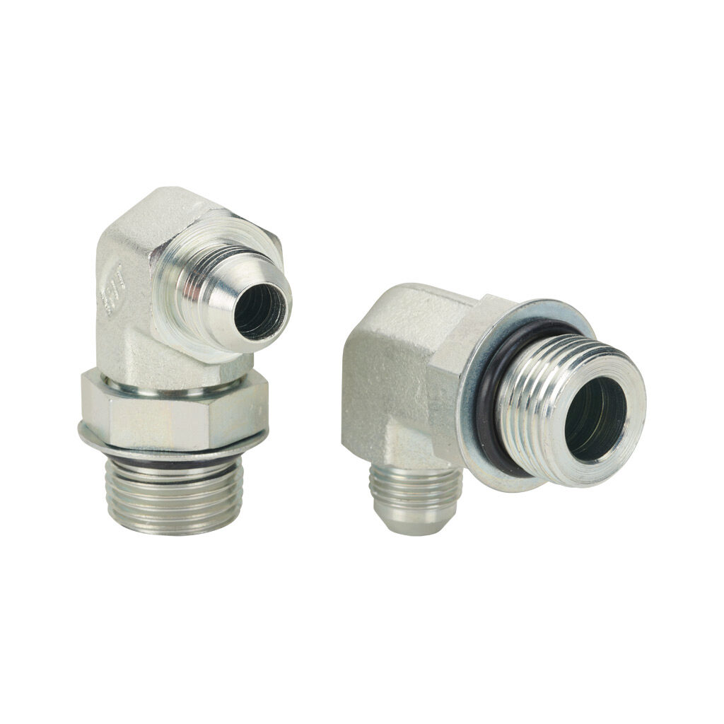 8MJ-12MB90 - HY-TECH hydraulic fluid adapter, elbow, plated steel body, (1) -8 male JIC 37 deg and (1) -12 male o-ring boss. Package of 2.
