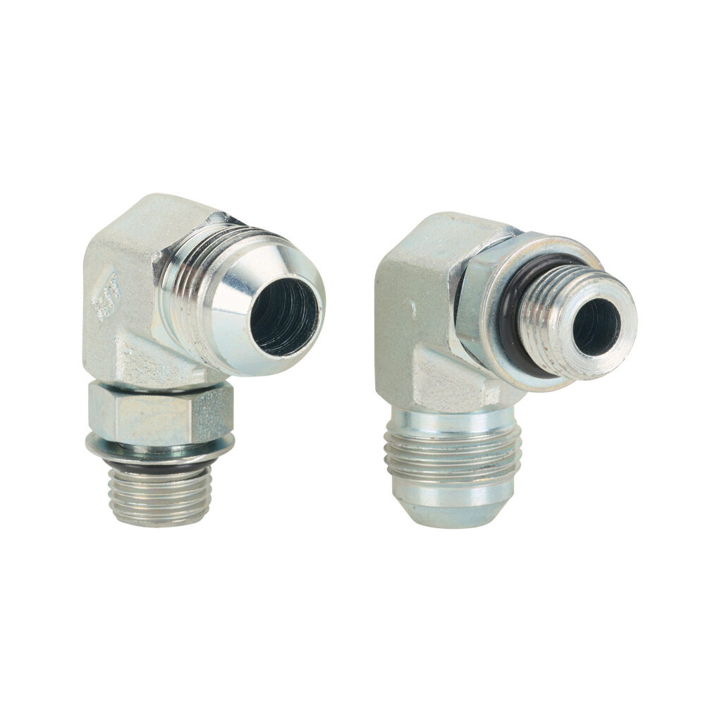 8MJ-6MB90 - HY-TECH hydraulic fluid adapter, elbow, plated steel body, (1) -8 male JIC 37 deg and (1) -6 male o-ring boss. Package of 2.