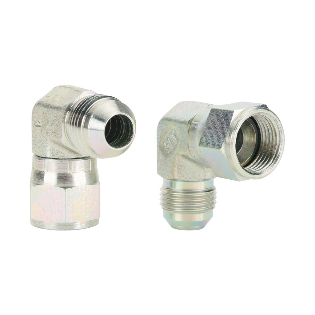 8MJ-8FJX90 - HY-TECH hydraulic fluid adapter, elbow, plated steel body, (1) -8 male JIC 37 deg and (1) -8 female JIC 37 deg. Package of 2.