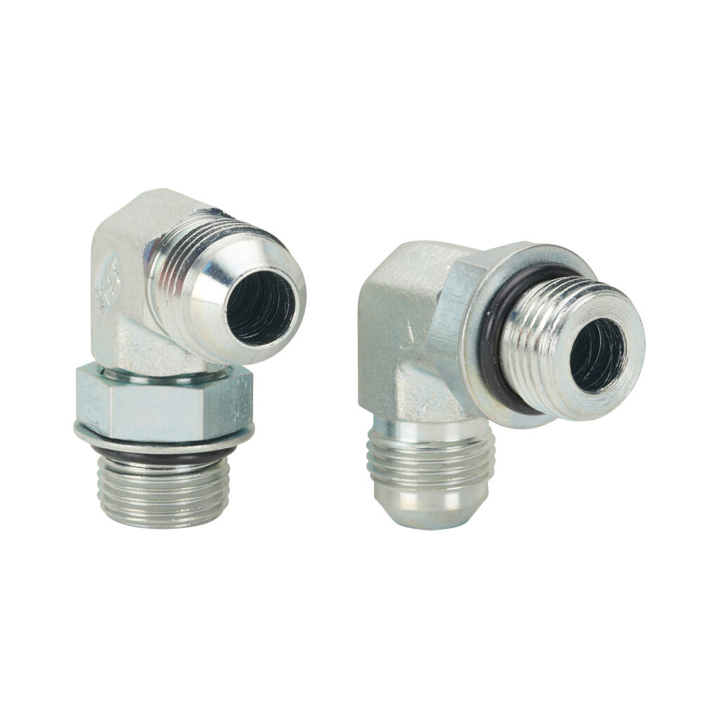 8MJ-8MB90 - HY-TECH hydraulic fluid adapter, elbow, plated steel body, (1) -8 male JIC 37 deg and (1) -8 male o-ring boss. Package of 2.