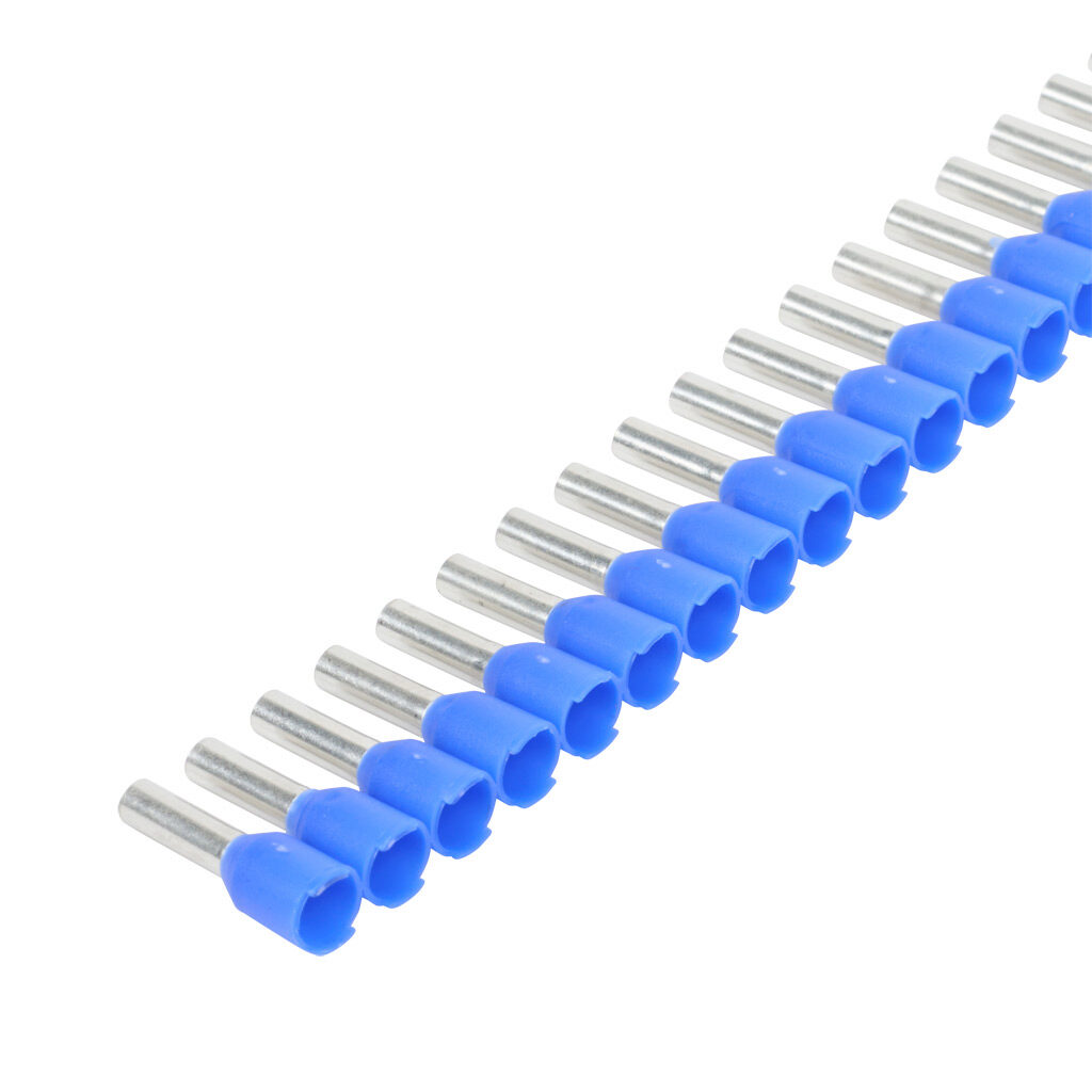 9004360000 - Weidmuller ferrule strip, 14 AWG, blue, follows DIN standard, 8mm ferrule length. For use with Stripax Plus 2.5 only (9020000000). Package of 500.