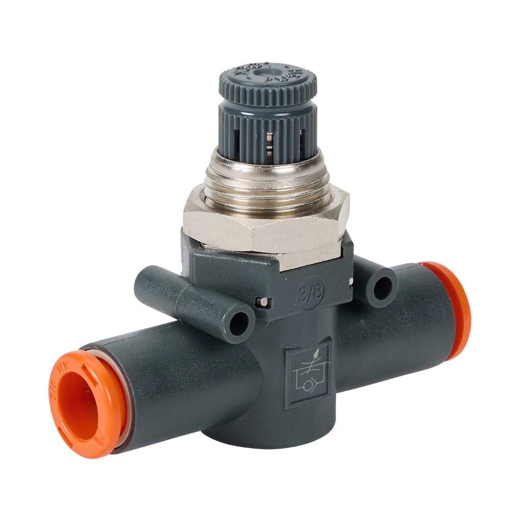 9041382U - Metal Work pneumatic push-to-connect fitting, inline flow control valve, technopolymer body, (1) 3/8in push-to-connect to (1) 3/8in push-to-connect.